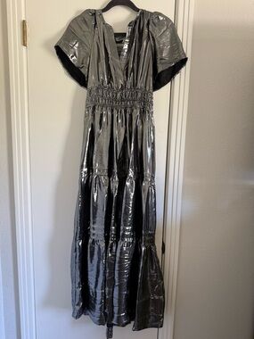 Anthropologie metallic Silver Tiered Maxi Dress